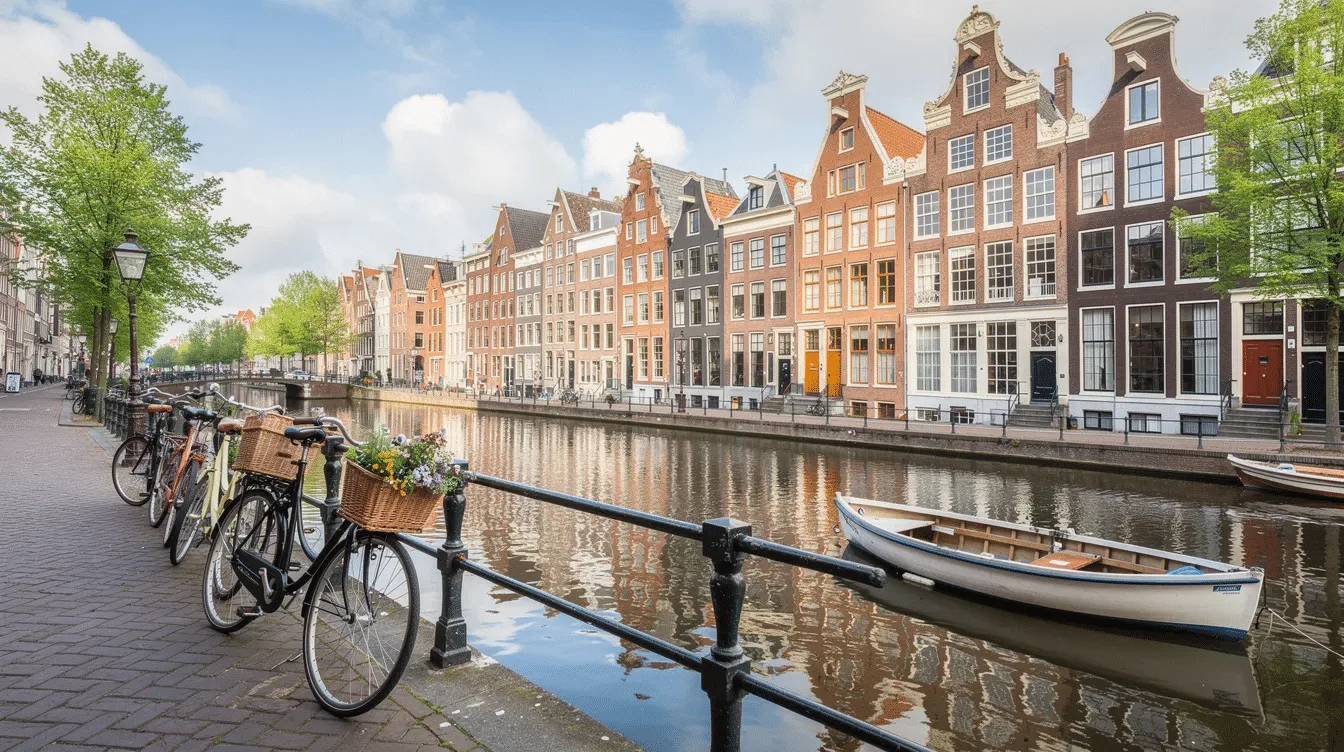Amsterdamse gracht met fietsen en traditionele trapgevelhuizen