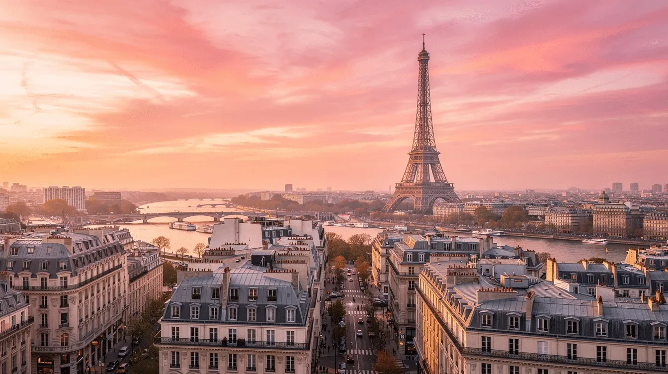 Eiffelturm und die Dächer von Paris bei Sonnenuntergang