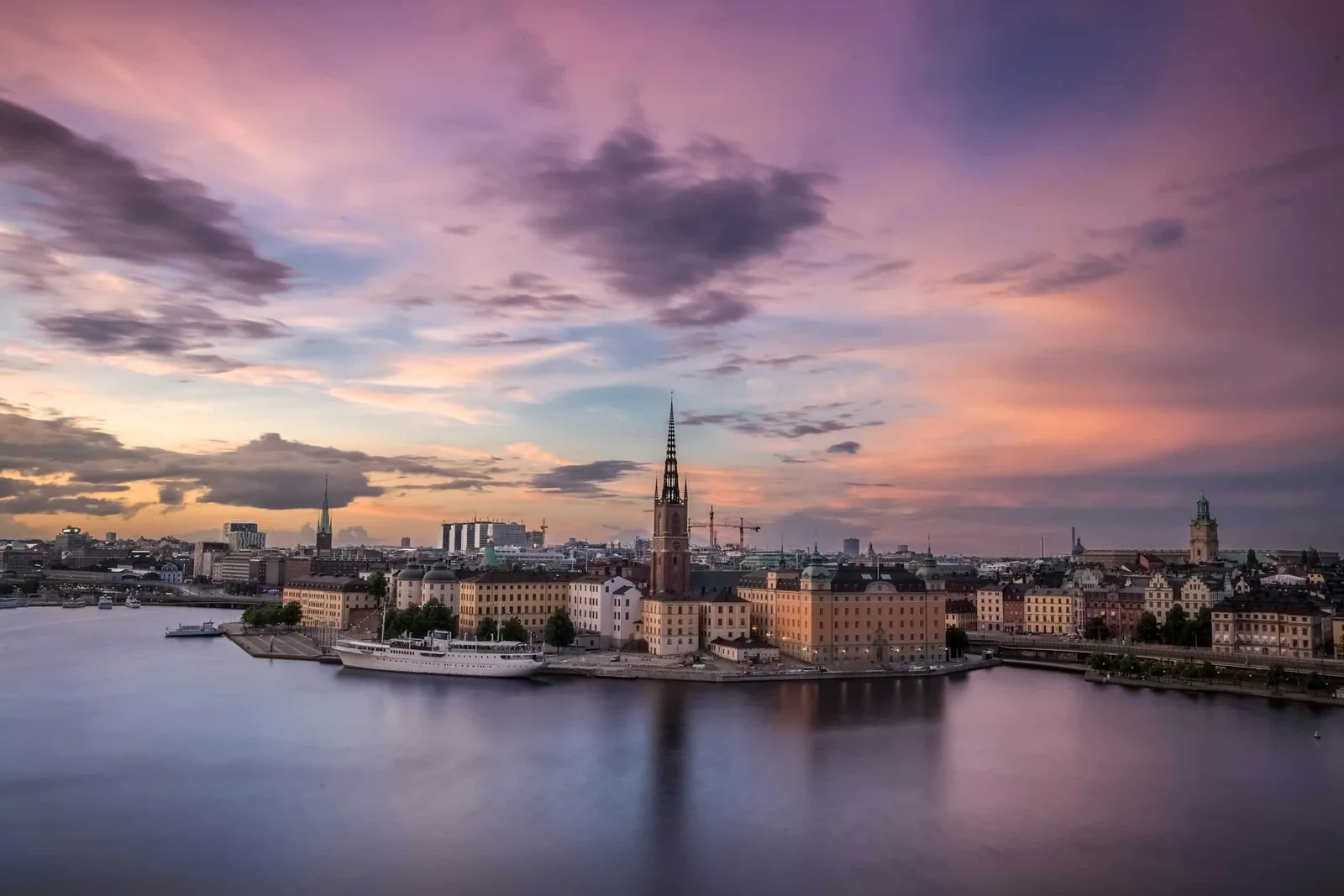 Stockholm waterfront skyline at sunset