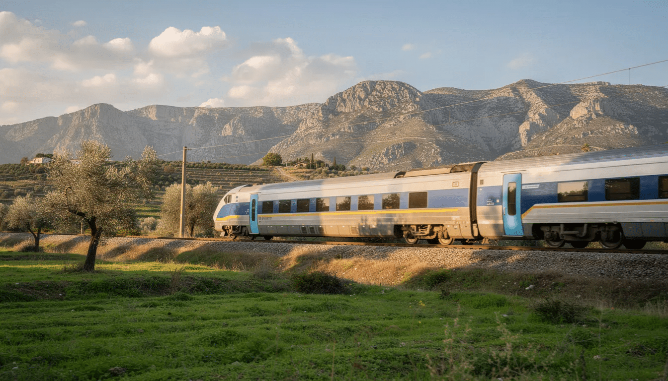 Tren de alta velocidad atravesando el campo griego