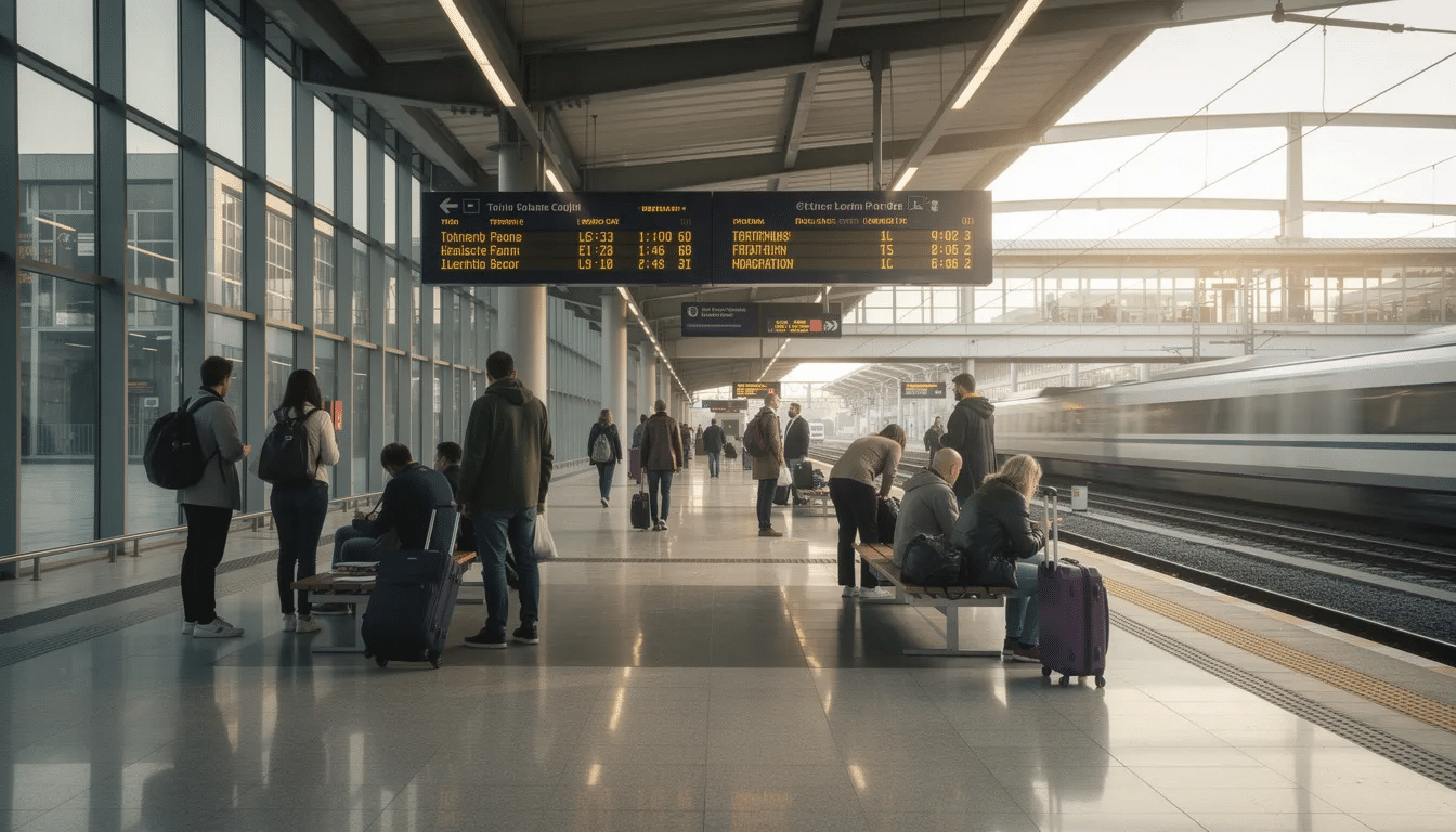 Passagers attendant à côté d'un train dans une gare moderne