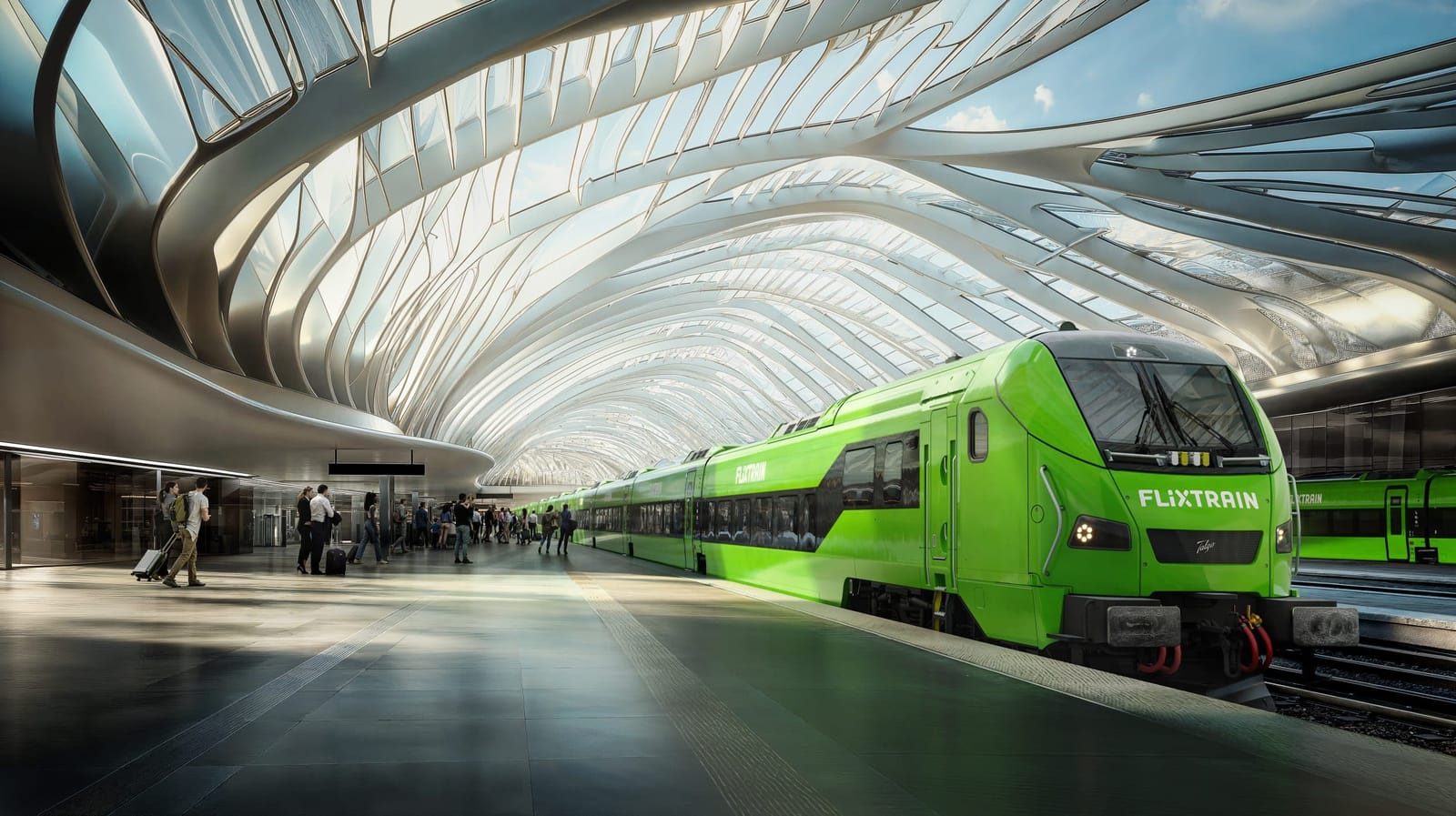 FlixTrain verde in una stazione moderna
