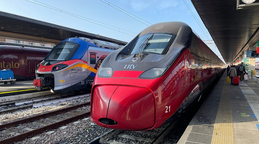 Rode Italo-hogesnelheidstrein aan een perron