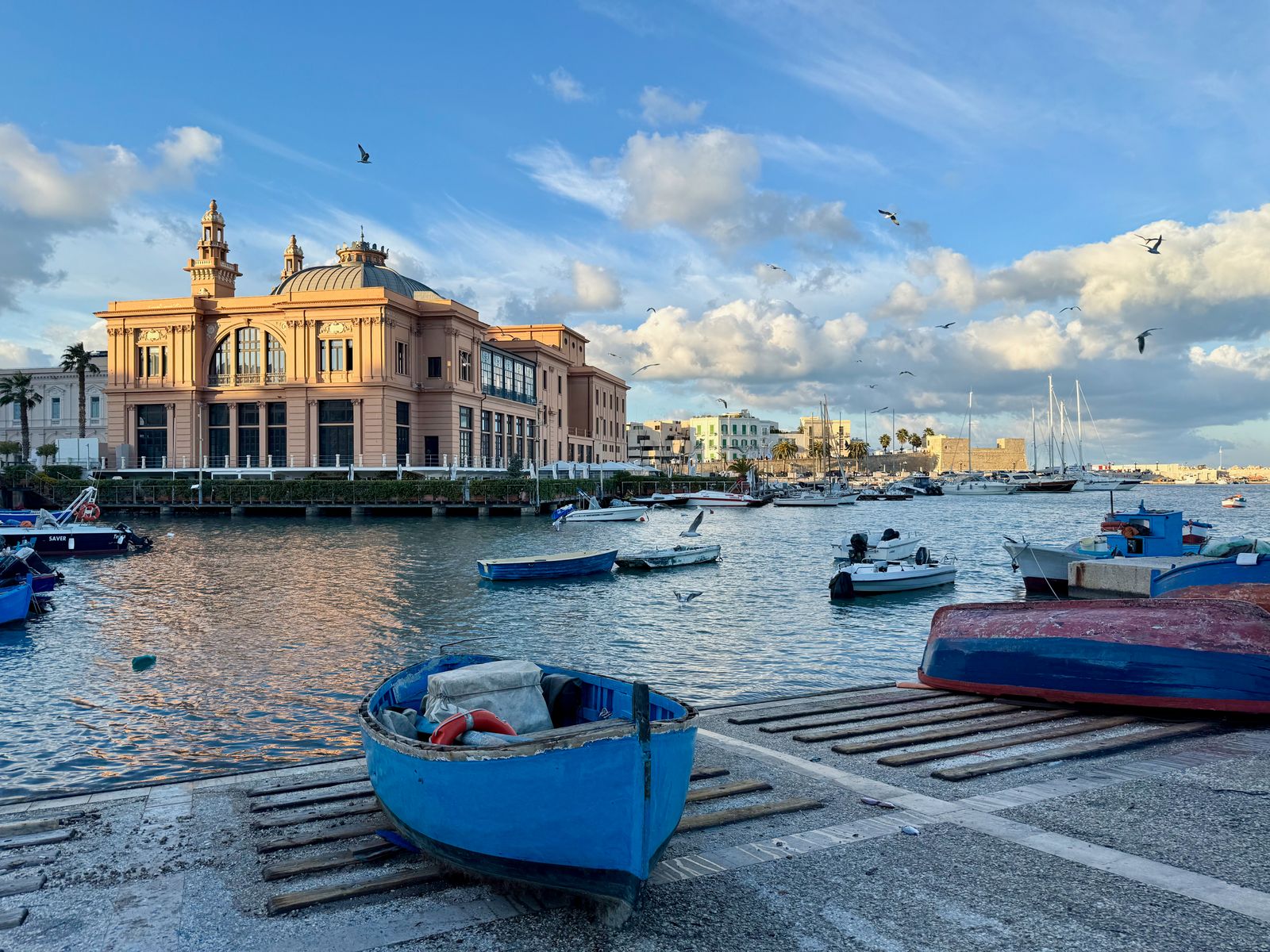Bari's waterfront harbour with fishing boats and seagulls.