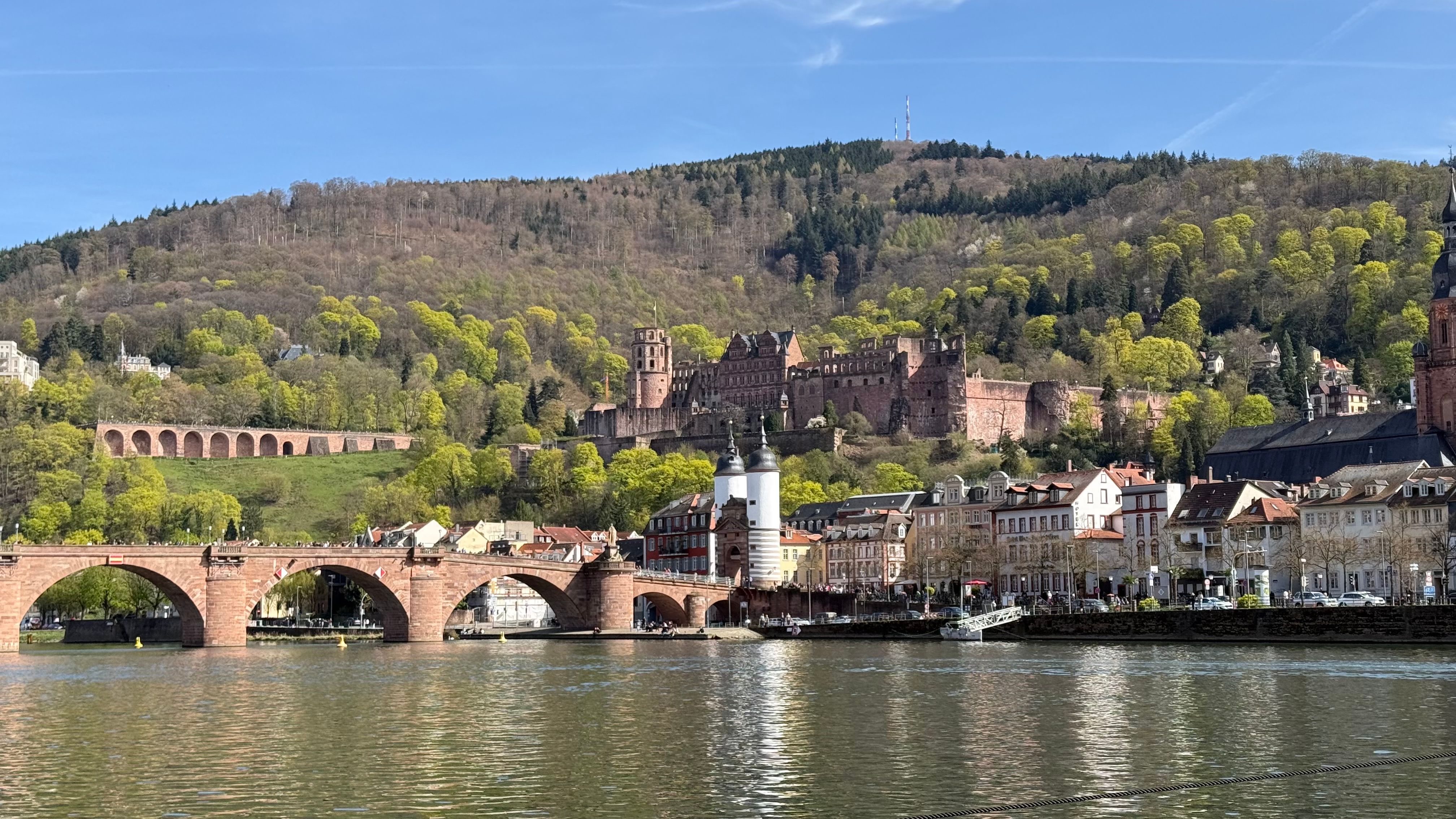 L'Alte Brücke sul Neckar, con le rovine in arenaria rossa del castello di Heidelberg sul pendio sopra la città vecchia