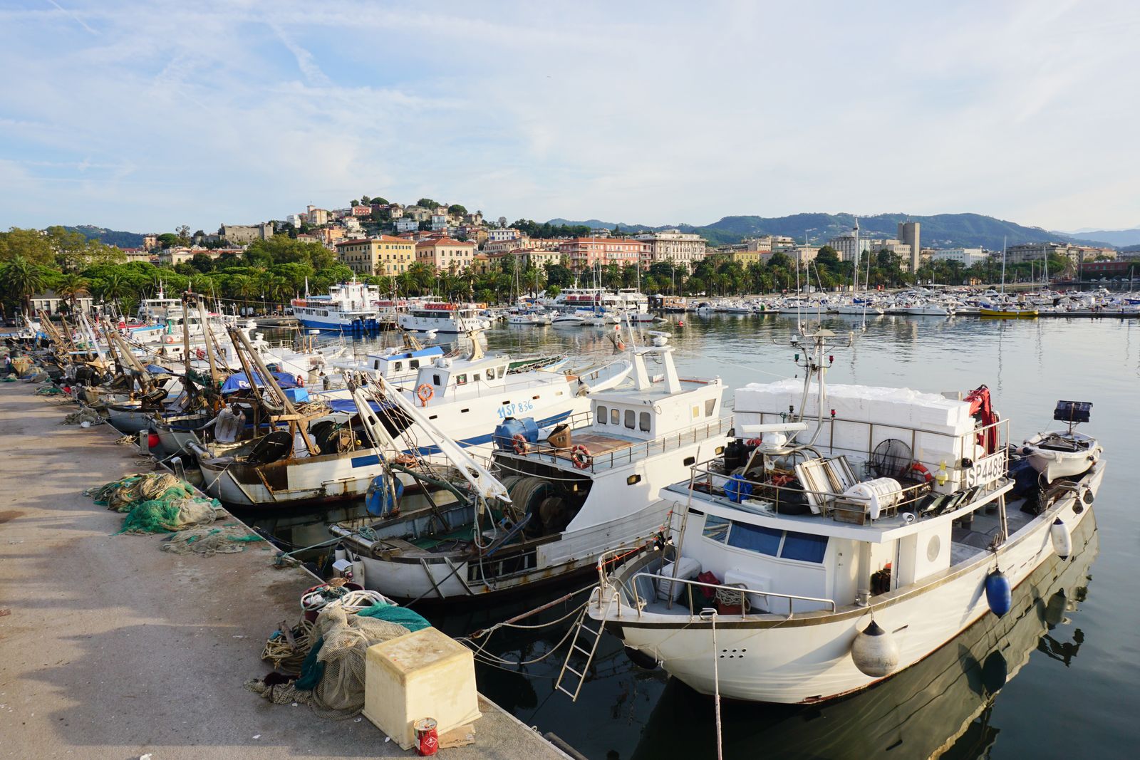 Fishing boats in La Spezia harbour with the city and hills behind.
