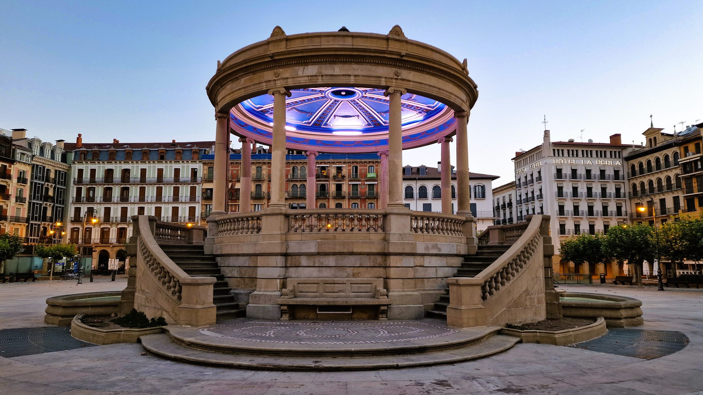 The bandstand in the Plaza del Castillo in Pamplona at dusk