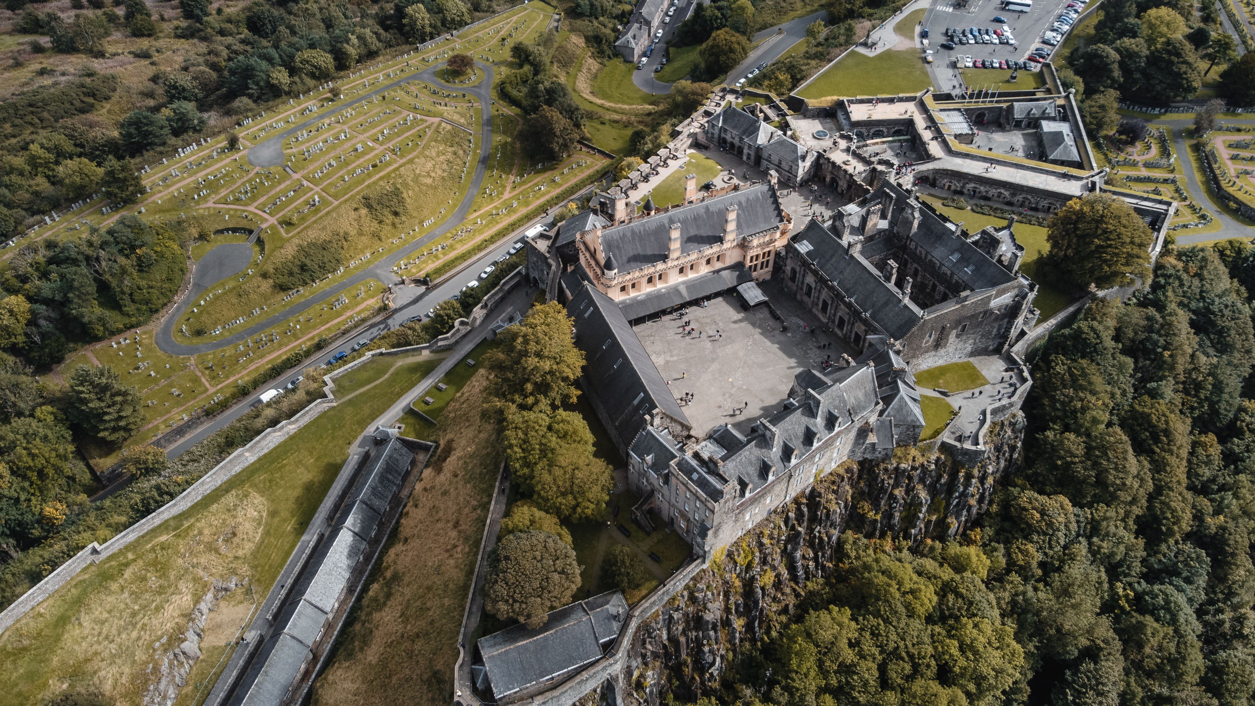 Aerial view of Stirling Castle and its courtyards on the rocky crag