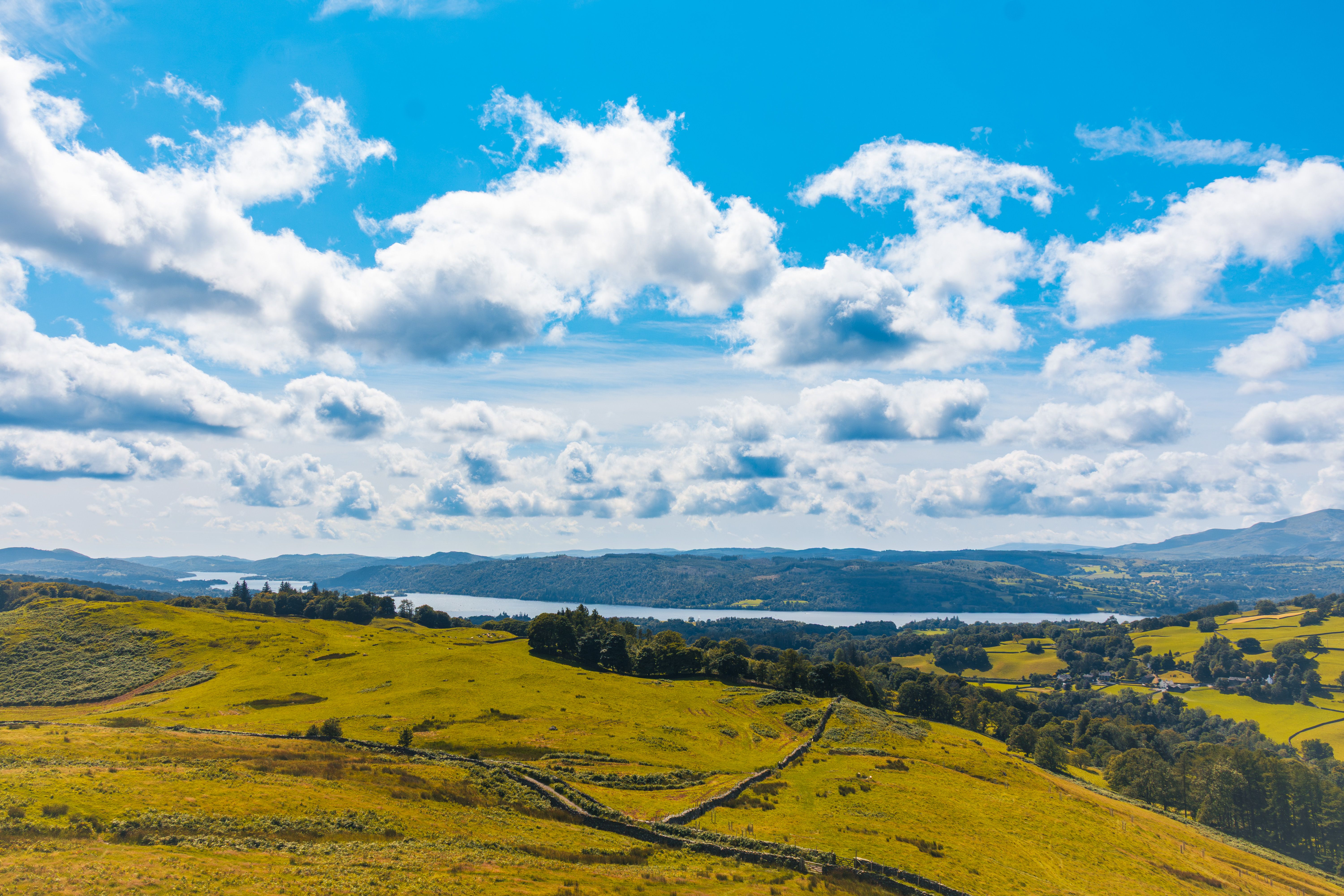 View of Lake Windermere and green fells from Orrest Head under a blue sky with white clouds