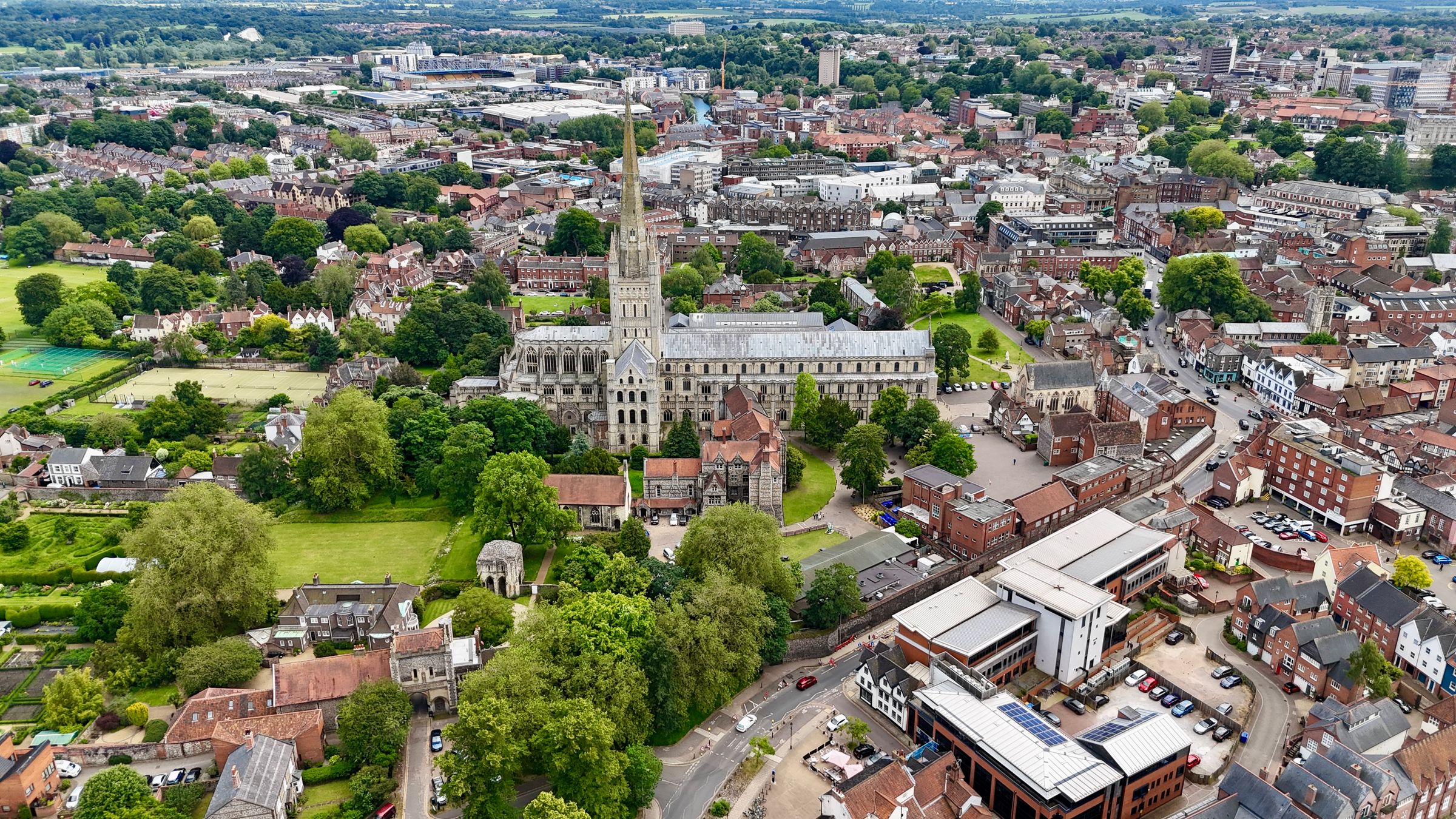 Norwich Cathedral and the city centre seen from the air